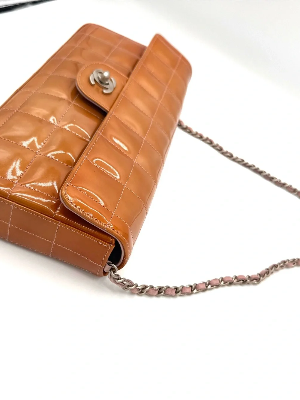 CHANEL Quilted Orange Patent Leather Chocolate Bar CC Flap Bag